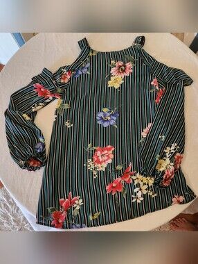 Cold-Shoulder Floral Striped Blouse - Black with Multicolor Flowers